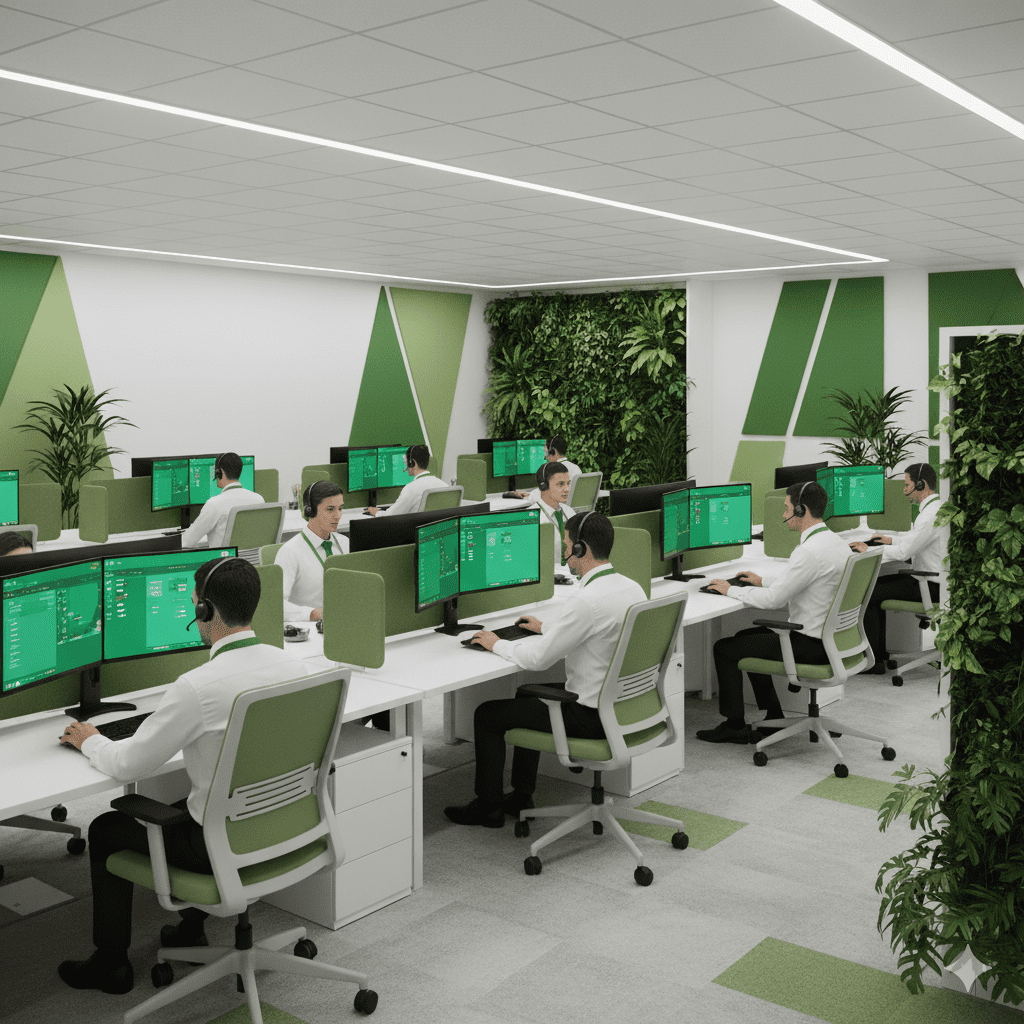 A modern merchant cash advance call center with agents working at green-themed workstations, providing MCA support and call services.