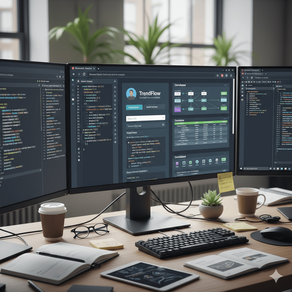 Modern web app development workspace with multiple coding screens, UI dashboards, and development tools.