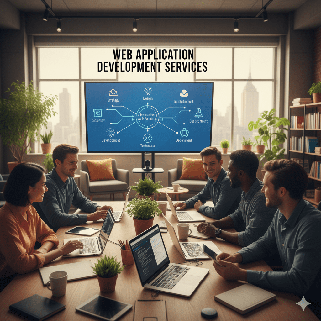 Professional web app development services workspace with multiple coding screens and UI dashboards.